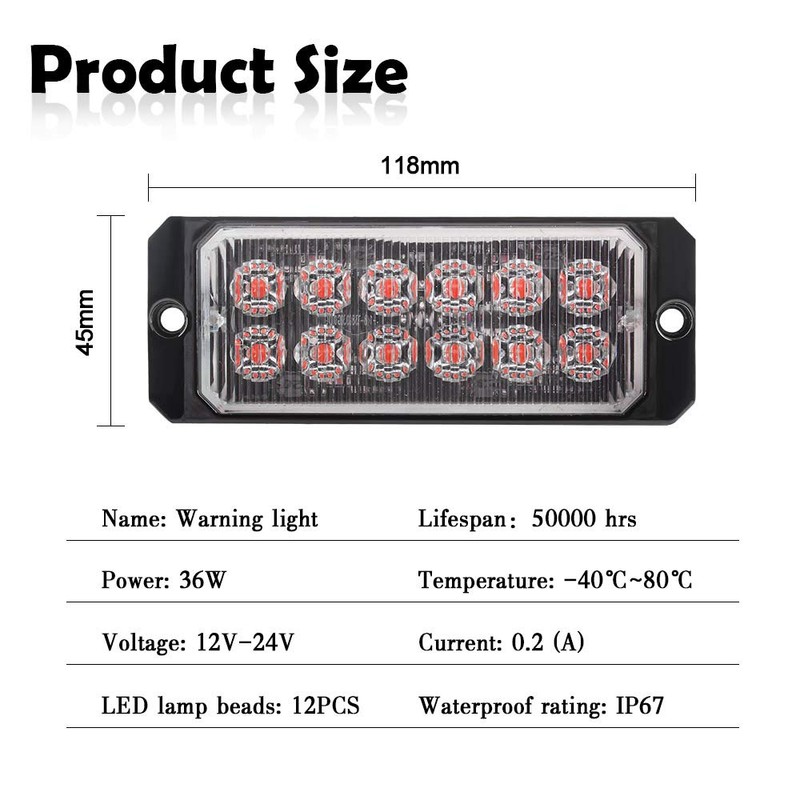 Sidaqi 1PCS Red LED Emergency Strobe Light Bar 12-24V 12