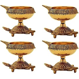 SATVIK Set of 4 - Brass Turtle Kuber Diya – Engraved Floral Design Pooja Diya, Oil Lamp, Tea Light Holder for Mandir, Home Decor, Diwali, Lakshmi Pujan, Housewarming Gift, Kutthu Vilakku, Nilakku