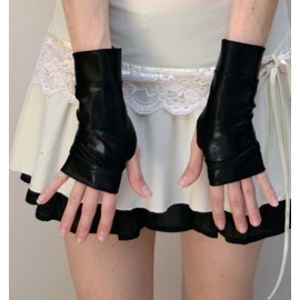 Handmade Womens Short Black Shiny Fingerless Gloves Wet Look Wrist Cuffs Hand Warmers Psy