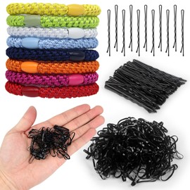 TIVUNORON Multicoloured Elastic Hair Bobbles, Hair Accessories Set with Multicoloured Braided Hair Bands, Black Rubber Bands, Mini Hair Pins for All Hair Accessories