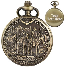 Tiong Pocket Watch Engraved Cowboy Arabic Numerals Quartz with Chain Gifts