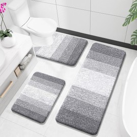 OLANLY Bathroom Rugs Sets 3 Piece, Soft Absorbent Microfiber Bath Mats and U-Shaped Contour Toilet Rug, Plush Shaggy Bath Mat Set for Bathroom (47"x20"+24"x16"+24"x20", Light Grey)