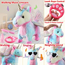 Colorful Walking Unicorn Toy Set Singing Dancing Electronic Plush Unicorn with Control Leash Realistic Footsteps Nodding Tail Wagging Musical, Dress Up Cute Wings Animated Stuffed Gift for Kid Girl