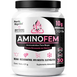 AminoFem Amino para mujeres 10g de Aminoácidos por porción BCAA 8:1 + Glutamina, Myo Inositol, Vitamina C y Acido Folico Electrolitos Mg/K/Na Sin Azúcar, Sin Cafeína Purely Oganics 30 servicios, Ponche de Frutas