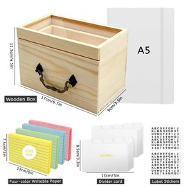 Daily Treasures Wooden Index Card Box Set,200 Coloured Flash Cards(5"X3") &10 Card Dividers&2 Stickers Labels,Indexcard Organiser with Clear Top,Pull-Out Drawer Design for Study/Office/School Supplies