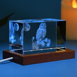 ZRENJHUS 3D OWL Figurines Glass Laser Crystal Block with 10 Colorful Light Modes Stand Decorative OWL Night Light Glass Decor Gift for Kids Teens