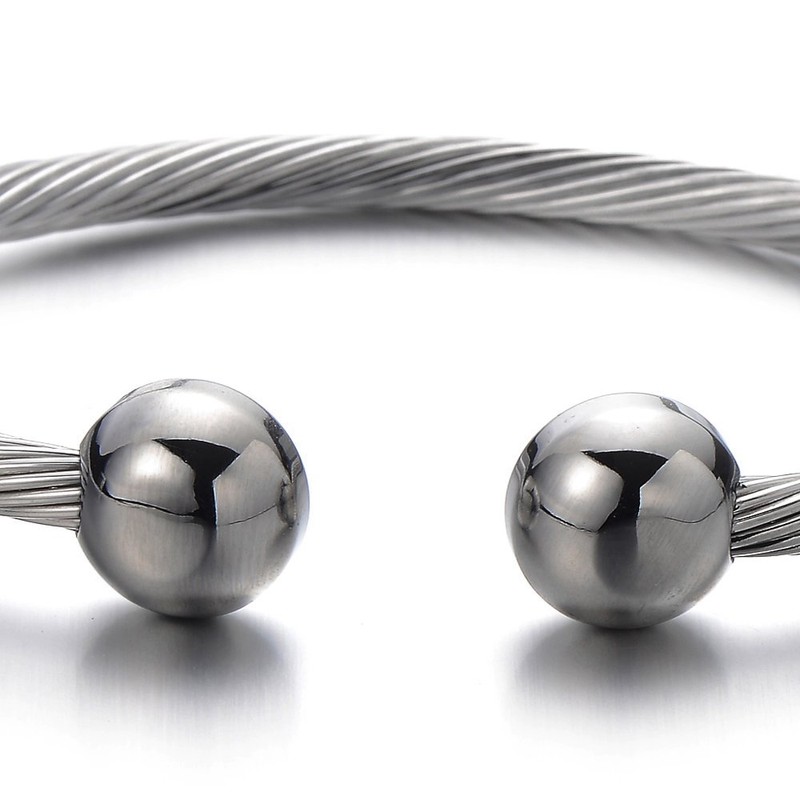 COOLSTEELANDBEYOND Elastic Adjustable Mens Stainless Steel Twisted Cable Magnetic Bangle