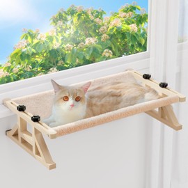 Tresbro 2-in-1 Cat Window Perch & Elevated Cat Hammock, 15.7" W*10.2" H*18.9" L Wooden Frame Pet Bed for Indoor Cats, Easy Setup, Adjustable, No Drilling, Cats Perch for Window, Bedside, Ground