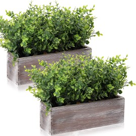 Lyrow 2 Pack Artificial Eucalyptus Plant in Rustic Rectangular Wooden Planter Box Faux Eucalyptus Plants for Home Decor Indoor Faux Potted Herb Plant Greenery Arrangement Centerpiece for Gifts Wedding