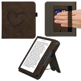 kwmobile Flip Case Compatible with Tolino Vision 6 - Cover Hand Strap - Heart Brush Dark Brown