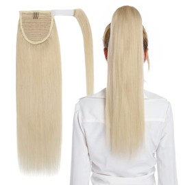 MY-LADY Ponytail Extension Human Hair 22 Inch Platinum Blonde Wrap Around Drawstring Real Remy Hair Ponytail Long Straight Pony Tail for Women Clip in Hairpiece 95g