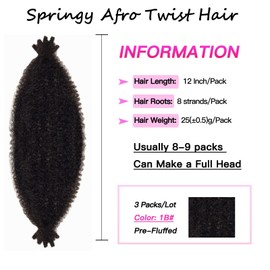 FFDDear 3 Packs Springy Afro Twist Hair 12 Inch Pre-Separated Spring Twist Hair Natural Black Marley Twist Crochet Braiding Hair for Soft Locs Hair Synthetic Hair Extensions for Women (12Inch,1B)