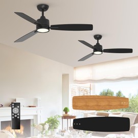 TALOYA 52 Inch Ceiling Fans with Lights Led Remote Control Flush Mount Low Profile for Bedroom Farmhouse Patio Outdoor Living Room Dining Room,DC Motor,Reversible,3 Color Temperatures,Black,2 Pack