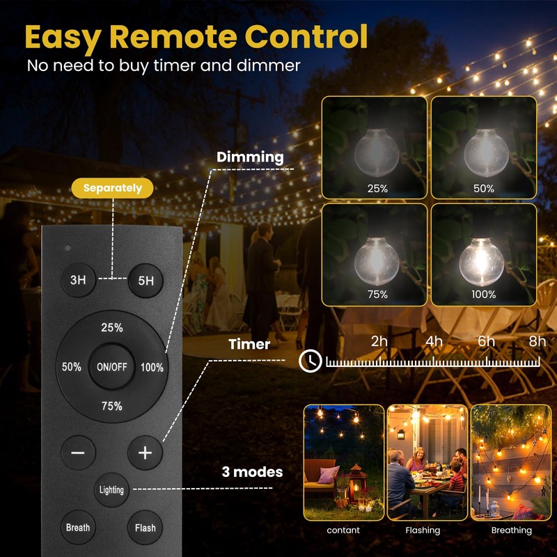 100FT Solar String Lights Outdoor Waterproof with Remote, G40 Solar