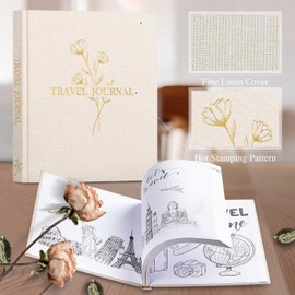 Lanpn Travel Photo Journal Notebook for Women Men, Linen Travel Log Diary Scrapbook Memory Book with Prompts, Anniversary Journals Traveling Gifts (Beige, 110 Pages)