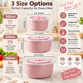 3-Piece Wheat Straw Food Storage Bowl Set for Meal Prep – Round Plastic Containers with Lids for Kitchen, Leftovers & Lunch