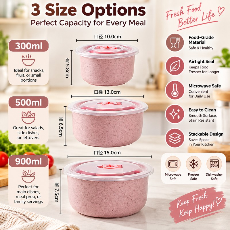 3-Piece Wheat Straw Food Storage Bowl Set for Meal Prep