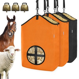 3 PCS Goat Hay Feeder,Hay Bags for Horses,Goats,Donkeys with Reinforced Oxford Fabric and High Strength Metal Clasp,Horse Feeding Supplies with Adjustable Strap for Easy Hanging (2Orange+1Black)