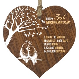 3rd Wedding Anniversary Wooden Heart Plaque, Dark Wood Sign Keepsake, Celebrate Leather Anniversary Wife Husband Boyfriend Girlfriend, Plaque with Quotes Gifts from the Kids
