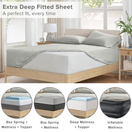 Comfort Spaces Extra Deep Pocket Sheets, 100% Cotton Sheets Queen Fits up to 24" Mattress, Breathable, Naturally Cool Cotton Sheets, Soft Cotton Sheets, All Seasons Sheet Set, Grey 4 Piece