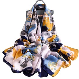 First Choose 100% Pure Silk Feeling Women Large Long Scarf Shawl Check Style Sunscreen Shawls Wraps-Lightweight Floral Pattern (Blue Wash painting)