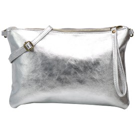 SH Leder Clara G396 Genuine Leather Shoulder Bag Clutch in Vintage Look Medium Size Evening Bag 33 x 22 cm, silver