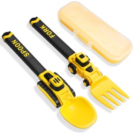 Construction Kids Cutlery Set - Baby Cutlery Set - Suitable for Kids Forks and Spoon - Digger Cutlery for Kids, Portable Toddler Cutlery Set for 1 2 3 4 5 Year Old Toddlers - Yellow