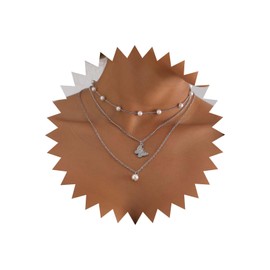TseenYi Multilayer Pearl Butterfly Necklace Silver CZ Butterfly Pendant Necklace Vintage Beads Strand Chain Necklace Multilayer Pearl Choker Necklace Jewellery for Women and Girls