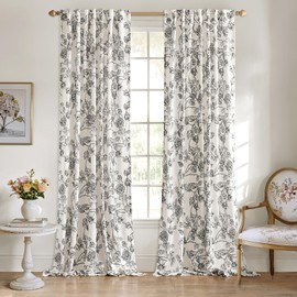 ANRODUO Printed Linen Curtains Black Floral Patterned Curtains Vintage French Country Style Toile Drapes 102 Inches Long 2 Panels Set Shabby Chic Extra Long Light Filtering Drapes for Living Room