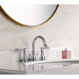 TimeArrow Chrome Two Handle 8 inch Widespread Bathroom Sink Faucet 3 Holes with Pop-Up Drain, High Arc Modern Bathroom Vanity Faucet with Brass 360° Swivel Spout,TAF830Y-CP