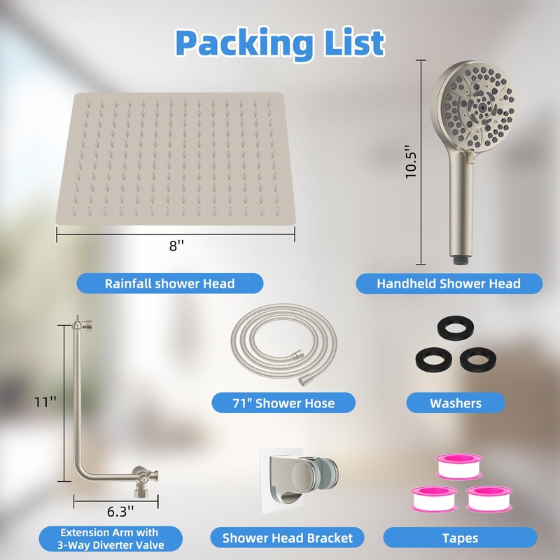 All Metal Shower Head, 8" High Pressure Rainfall/Handheld Shower Combo