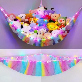 Stuffed Animals Net or Hammock   Storage Organizer with LED Light  Hanging Corner Stuffed Animals Holder  Girls Room Decor (Pack of 1) - Color: Twill Rainbow, Size: 51'' x 51" x 71" (Pack of 1)