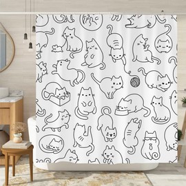 cokomi Cat Shower Curtains for Bathroom, Black and White Cute Cartoon Colorful Kittens Funny Cat Shower Curtain for Kids, Waterproof Fabric Animal Print Bathroom Decor with Hooks 71x71 Inches