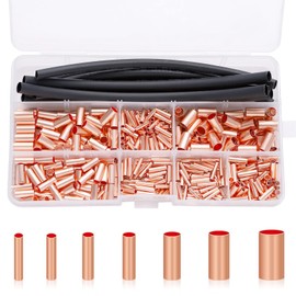 Teansic 480 Pcs Wire Ferrules Kit Copper Crimp Connector 7 Size AWG 6-18 Non Insulated Electrical Butt Terminal Assortment Kit with Heat Shrink Tubing