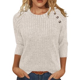 Womens Sweaters 3/4 Length Sleeve Fall Fashion Tops Crew Neck Button Shirts Business Casual Outfits Loose Trendy Winter Clothes Apricot