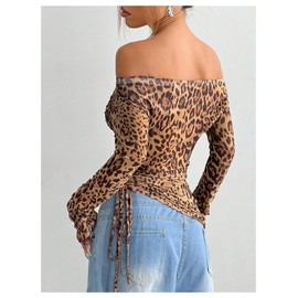 GORGLITTER Women's Leopard Print Off The Shoulder Crop Top Mesh Long Sleeve Asymmetrical T Shirts Coffee Brown Medium