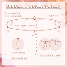 Estrellique 925 Sterling Silver Anklet for Women, Waterproof Barefoot Summer Beach Foot Ankle Jewelry for Girls, Rose Gold Adjustable 22+5CM Chain Anklet Bracelet, Women's Anklets with Small Star Moon