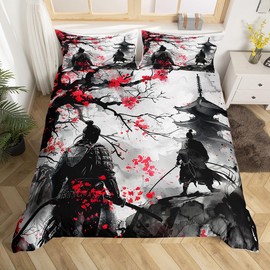 Feelyou Japanese Samurai Bedding Set Queen Size Kids Japanese Ukiyoe Comforter Cover Set for Boys Girls Teens Cherry Blossoms Home Decor Duvet Cover Japanese-Style Bedspread Cover(No Comforter)