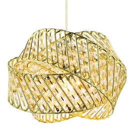 Modern Designer Triple Ring Shiny Gold Metal Pendant Light Shade with Small Clear Acrylic Beads | 21cm x 30cm | Etched Metal Strips by Happy Homewares