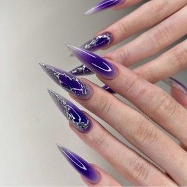 MERVF Long Stiletto Press on Nails Fake Nails Purple Aura Glue on Nails with Sliver Print Design Press ons Almond Gothic Gradient Acrylic False Nails Glossy 24pcs