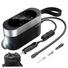 ShockFlo Air Compressor Portable Tire Inflator, 150 PSI 12V DC Smart Auto Tire Pump with LED Touch Screen, Emergency Light, Digital Pressure Gauge, 5 Preset Modes for Car, Motorcycles, Bike, Balls