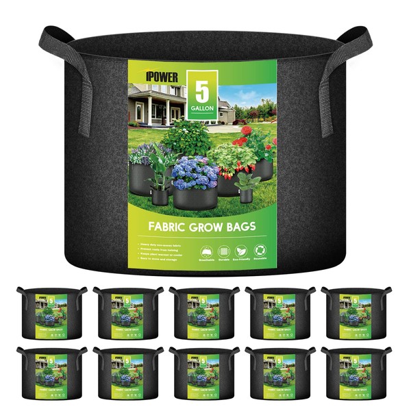 iPower 5 Gallon Grow Bags Nonwoven Fabric Pots Aeration Container with Strap Handles for Garden and Planting, 10-Pack Black