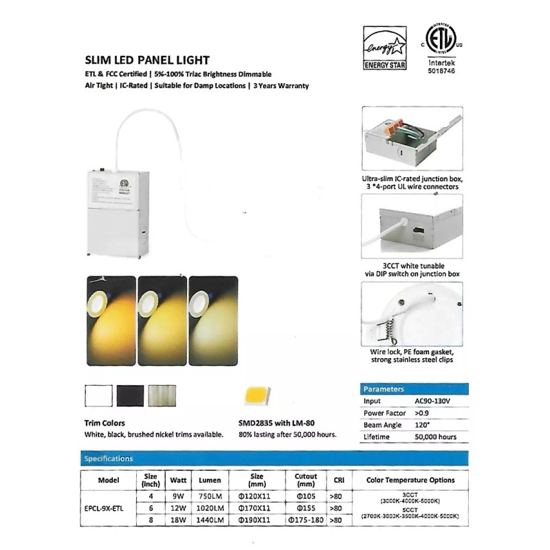 Intertek 4 Inch 5CCT LED Recessed Ceiling Dimmable Light, Junction