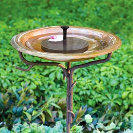 Prime Retreat Copper Bird Bath & Stake with Solar Fountain Kit – Standing Outdoor Birdbath on Steel Stand, Removable Basin, Floating Solar Pump with Multiple Spray Nozzles