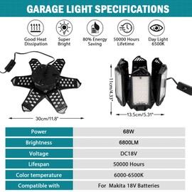 LIVOWALNY LED Work Light Compatible with Makita 18V Battery, 68W 6800LM LED Garage Flood Lights with 6+1 Deformable Panels, Battery Powered Pendant Ceiling Light for Shed Workshop Garage Home