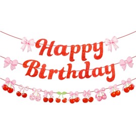 Dmnnlp Cherry Birthday Banner, Glitter Happy Birthday Garland, Sweet Cherry Party Decorations for Baby Showers, Kids' Party, Bridal Favors Supplies (Red and Pink)