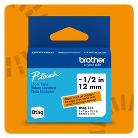 Brother Genuine Btag-T31 P-Touch Label Tape for Brother P-Touch PT-N10, PT-N20 and PT-N25BT Label Makers, Btag Series, Non-Laminated, Black on Orange 12mm