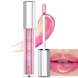 Wugbc Glitter Lip Gloss Pink Chameleon Chrome Liquid Lipstick, Non-Sticky Shimmer Holographic Metallic Lips Long Lasting Waterproof Smooth Sparkly Diamond Highly Pigment Lip Stain Makeup for Women