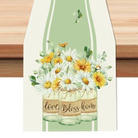 Bonhause Daisy Vase Table Runner 13x90 Inch Flowers Eucalyptus Leaves Spring Seasonal Holiday Kitchen Dining Table Decoration for Indoor Outdoor Home Party Decor, BHR0047-L90