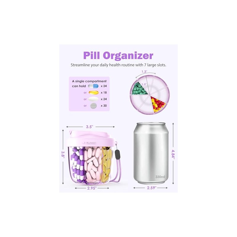 Pill Organizer,Pill Dispenser with 7 Large Compartments,Portable Pill Box Bottle